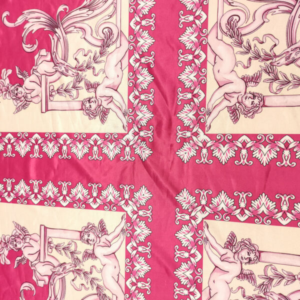 Tessuto Jersey lucido a fantasia motivo floreale barocco beige - fucsia