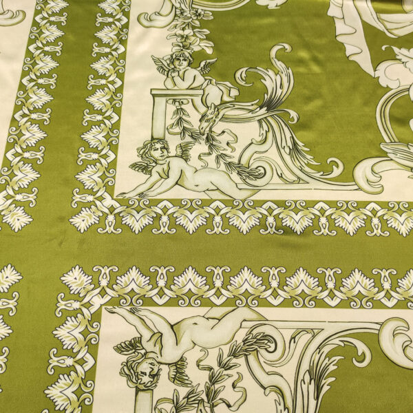 Tessuto Jersey lucido a fantasia motivo floreale barocco beige - verde acido