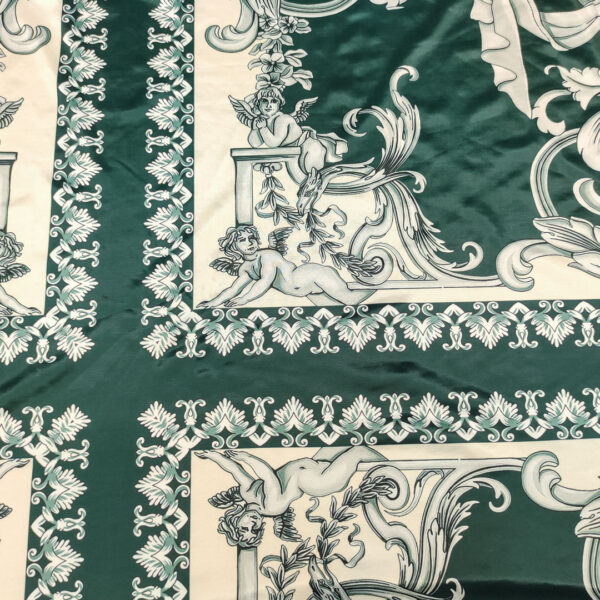 Tessuto Jersey lucido a fantasia motivo floreale barocco beige - verde