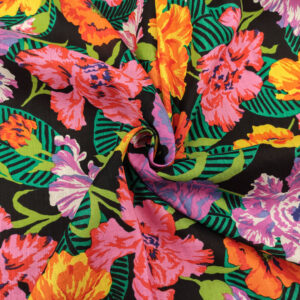 Tessuto Misto lino a fantasia motivo floreale fucsia - nero - verde