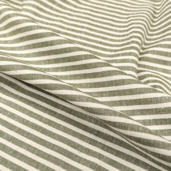 Tessuto Misto lino a fantasia motivo rigato stretto verde militare - bianco