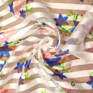 Tessuto Organza devorè a fantasia motivo floreale bianco - blu elettrico - arancione