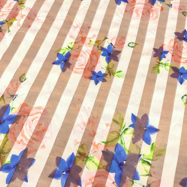 Tessuto Organza devorè a fantasia motivo floreale bianco - blu elettrico - arancione