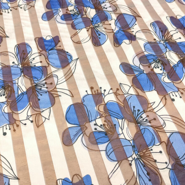 Tessuto Organza devorè a fantasia motivo floreale bianco - blu elettrico - nero