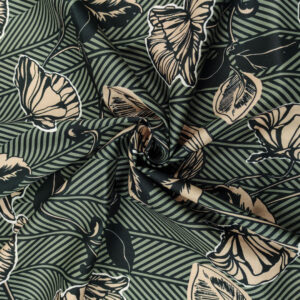 Tessuto Popeline di cotone a fantasia motivo floreale astratto beige - nero - verde