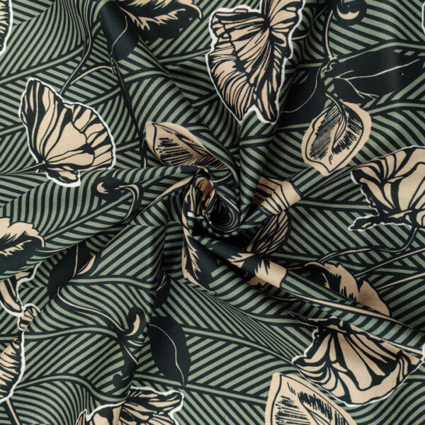 Tessuto Popeline di cotone a fantasia motivo floreale astratto beige - nero - verde