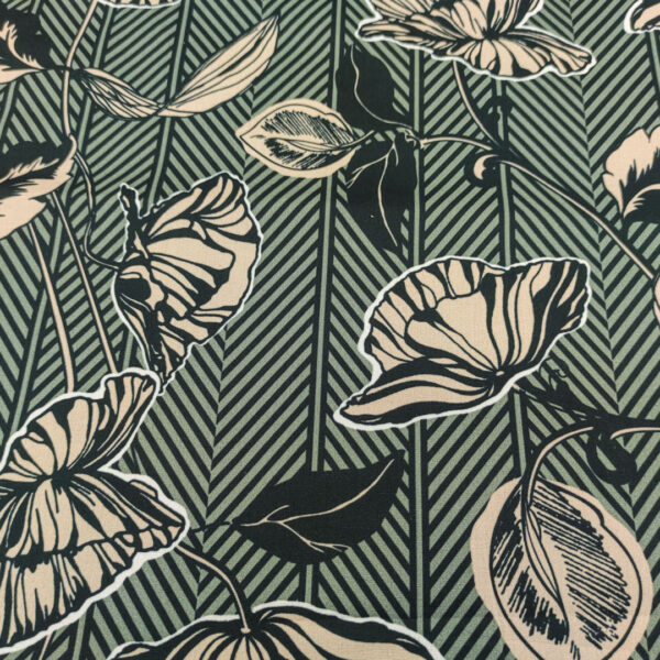 Tessuto Popeline di cotone a fantasia motivo floreale astratto beige - nero - verde