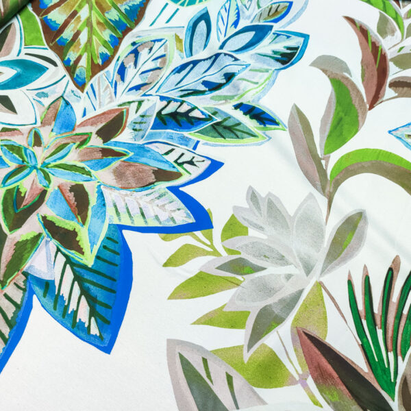 Tessuto Satin a fantasia motivo floreale azzurro - verde - marrone