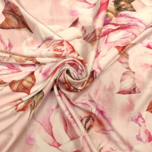 Tessuto Satin a fantasia motivo floreale bianco - rosa - glicine