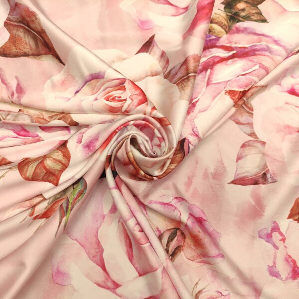 Tessuto Satin a fantasia motivo floreale bianco - rosa - glicine