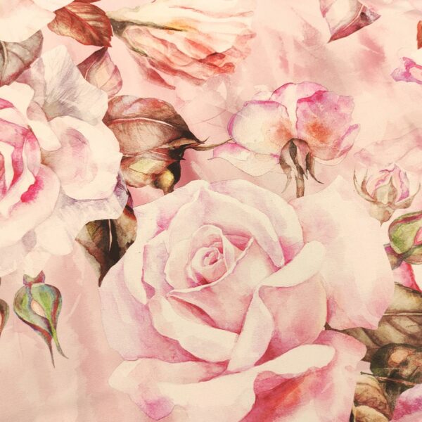 Tessuto Satin a fantasia motivo floreale bianco - rosa - glicine