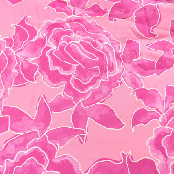 Tessuto Satin a fantasia motivo floreale corallo - fucsia - bainco