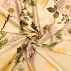 Tessuto Satin a fantasia motivo floreale effetto sfumato giallino - rosa - verde