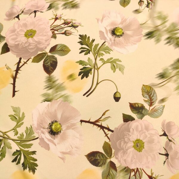 Tessuto Satin a fantasia motivo floreale effetto sfumato giallino - rosa - verde
