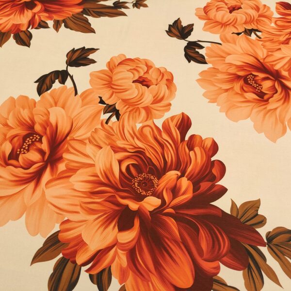 Tessuto Satin a fantasia motivo floreale panna - arancio - marroncino