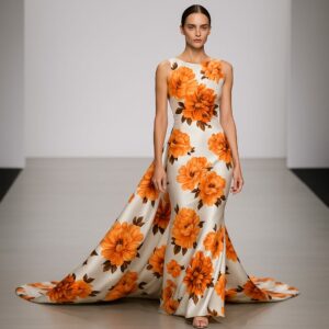 Tessuto Satin a fantasia motivo floreale panna - arancio - marroncino
