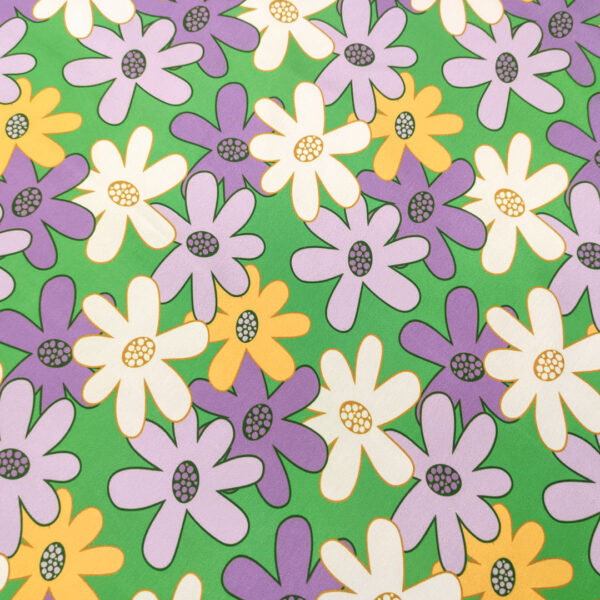 Tessuto Satin a fantasia motivo floreale verde - lilla - viola