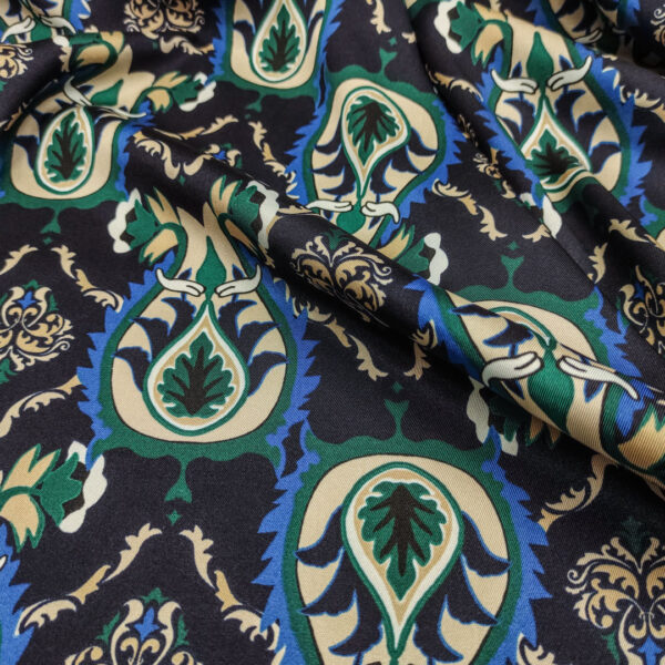 Tessuto Satin a fantasia motivo floreale cashmere blu - verde bottiglia