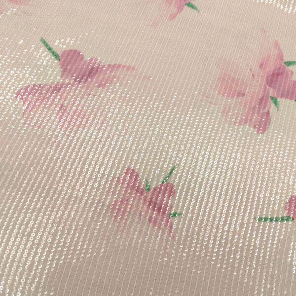 Tessuto Tulle ricamato con paillettes motivo floreale bianco - rosa shocking - verde