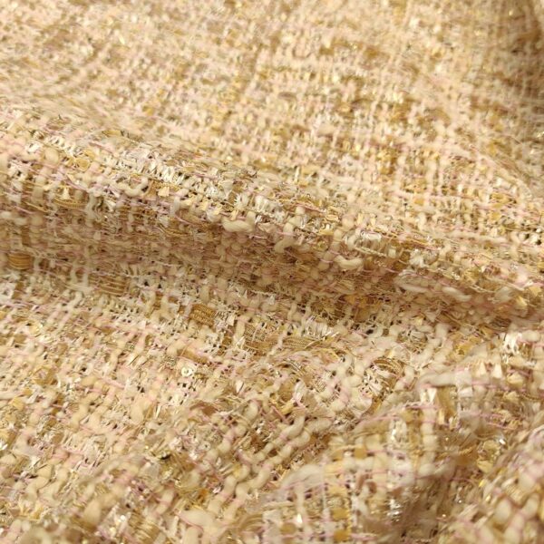 Tessuto Tweed Bouclé ricamato con micro paillettes beige - rosa - panna