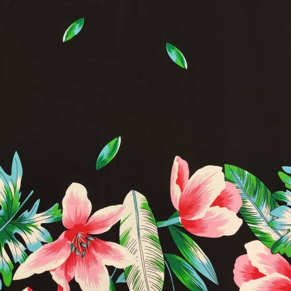 Tessuto Viscosa a fantasia motivo floreale ai bordi nero - turchese - verde - rosa