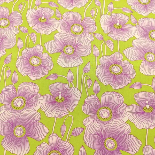 Tessuto Viscosa a fantasia motivo floreale verde acido - bianco - viola