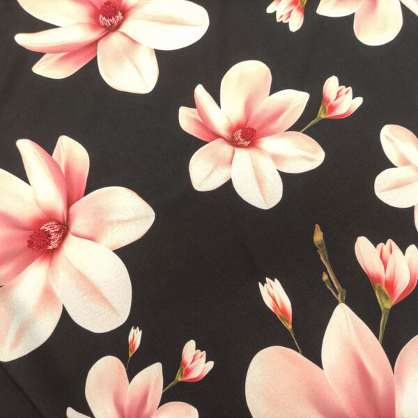 Tessuto Crepe elasticizzato a fantasia motivo floreale nero - rosa - bianco