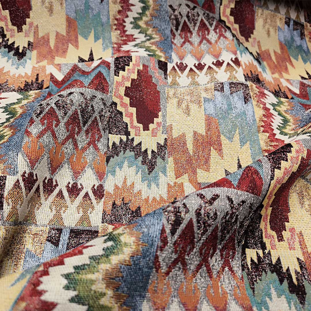 Tessuto per arredo Gobelin a fantasia motivo astratto beige - bordeaux - azzurro - verde