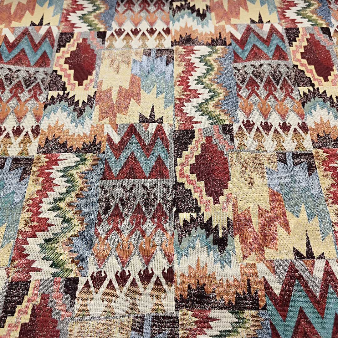 Tessuto per arredo Gobelin a fantasia motivo astratto beige - bordeaux - azzurro - verde