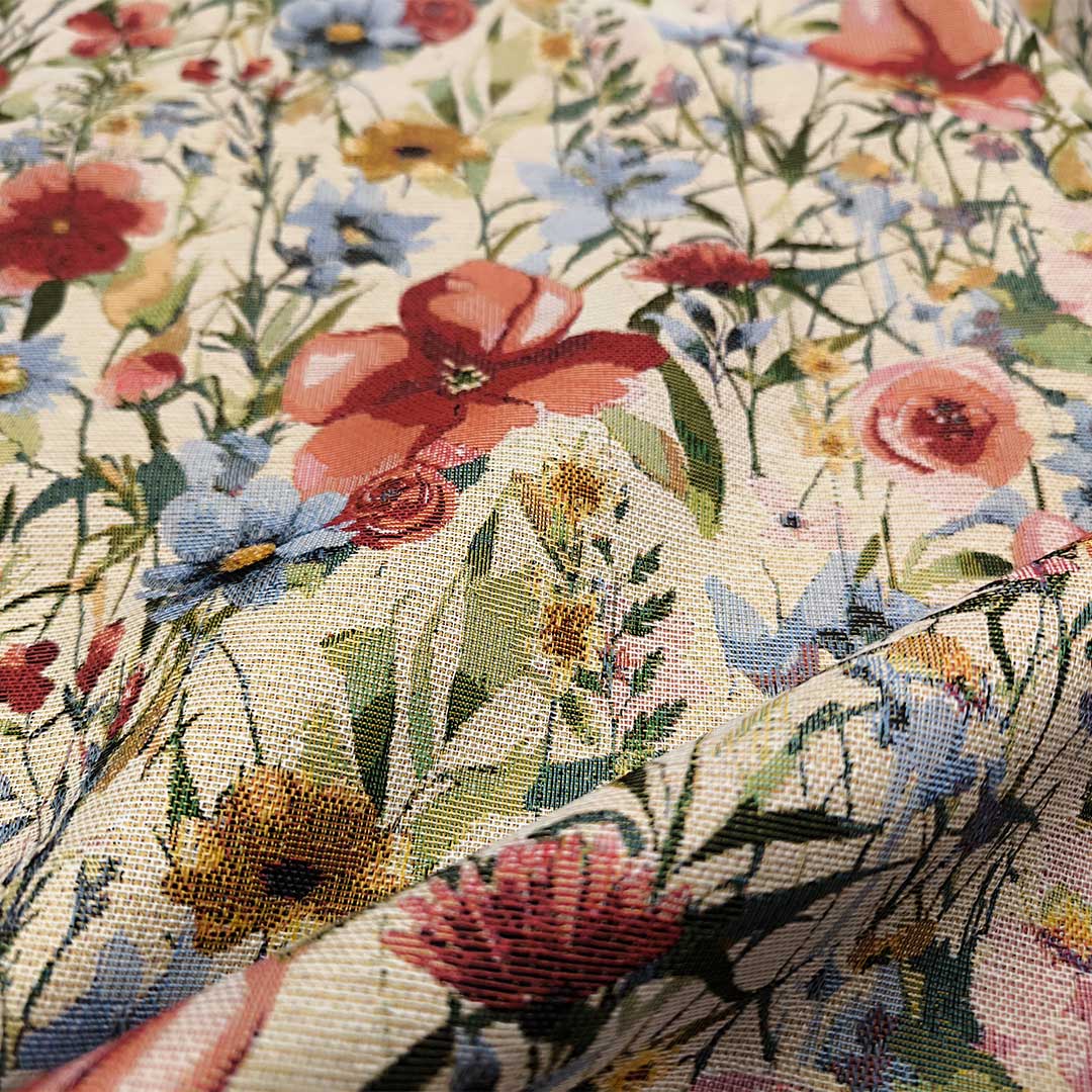 Tessuto per arredo Gobelin a fantasia motivo floreale beige - azzurro - rosso - verde