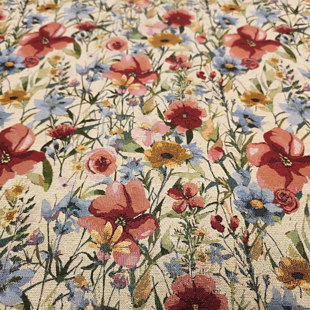Tessuto per arredo Gobelin a fantasia motivo floreale beige - azzurro - rosso - verde
