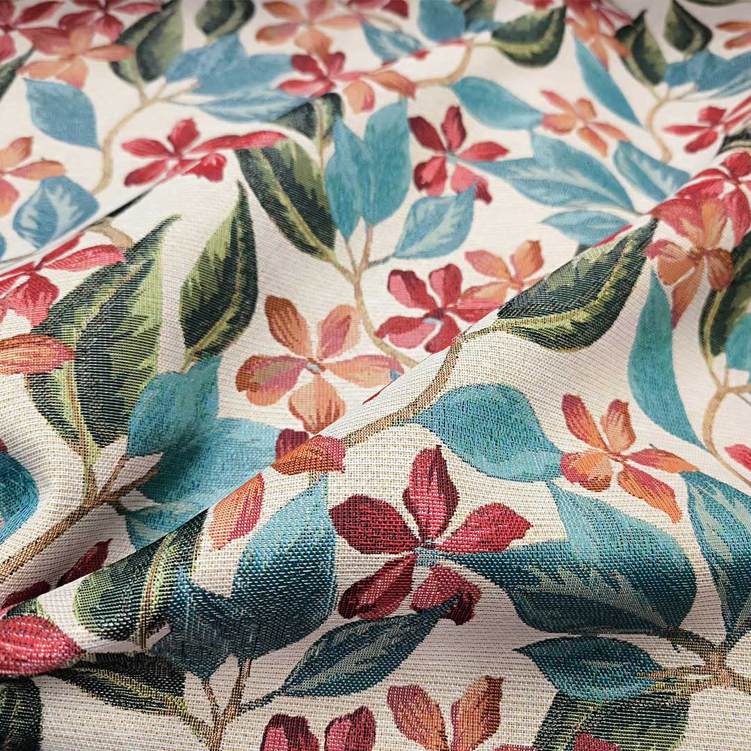 Tessuto per arredo Gobelin a fantasia motivo floreale beige - turchese - verde - rosso