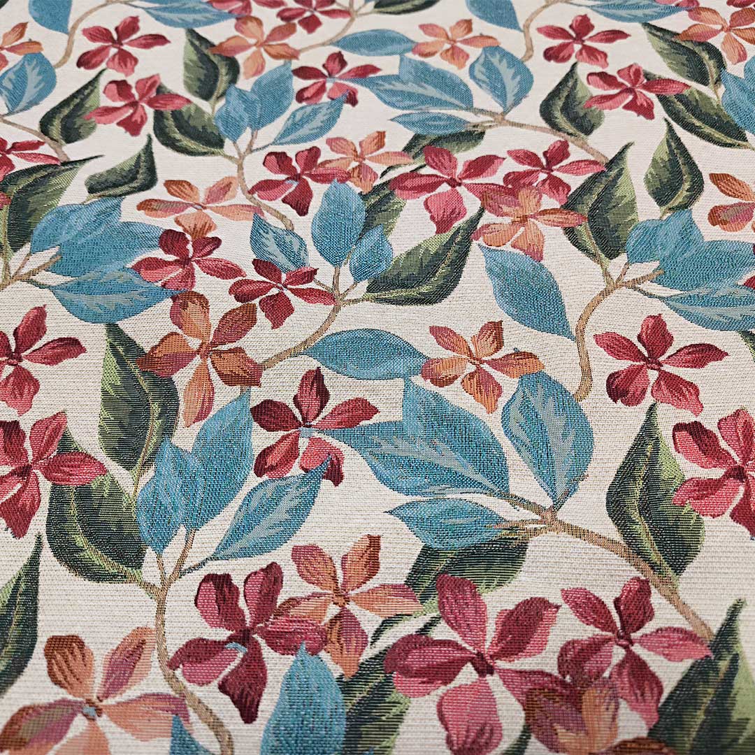 Tessuto per arredo Gobelin a fantasia motivo floreale beige - turchese - verde - rosso