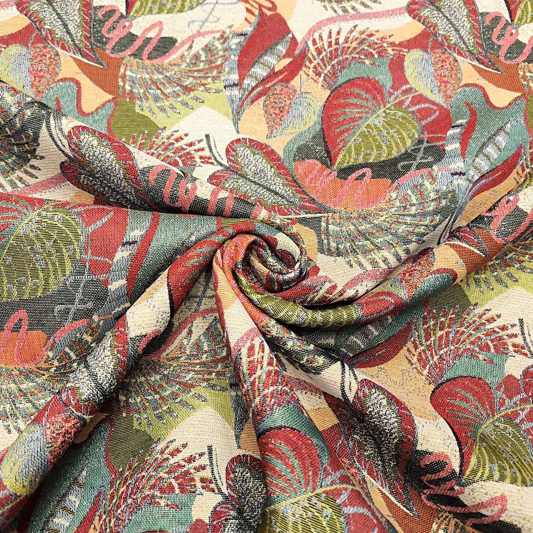 Tessuto per arredo Gobelin a fantasia motivo floreale beige - verde acido - rosso