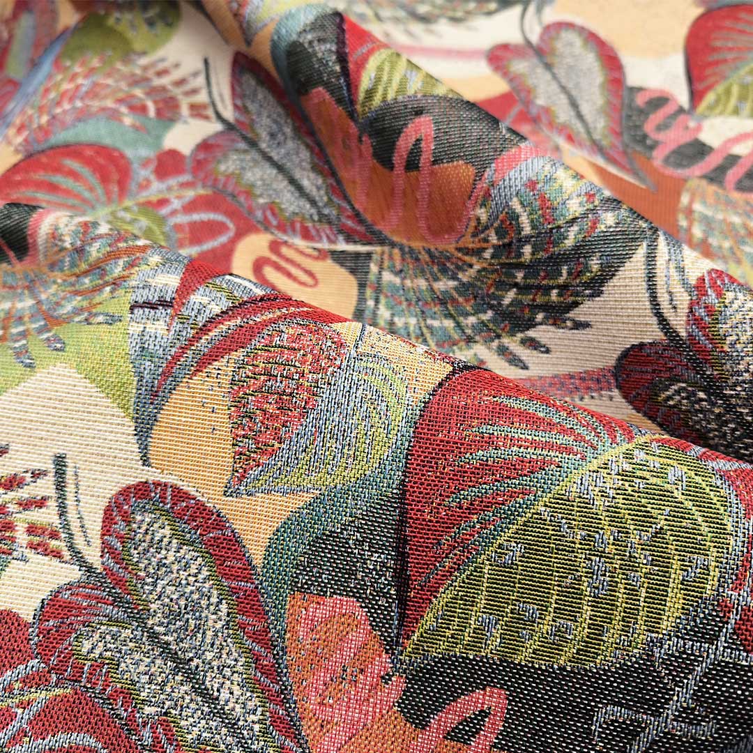 Tessuto per arredo Gobelin a fantasia motivo floreale beige - verde acido - rosso