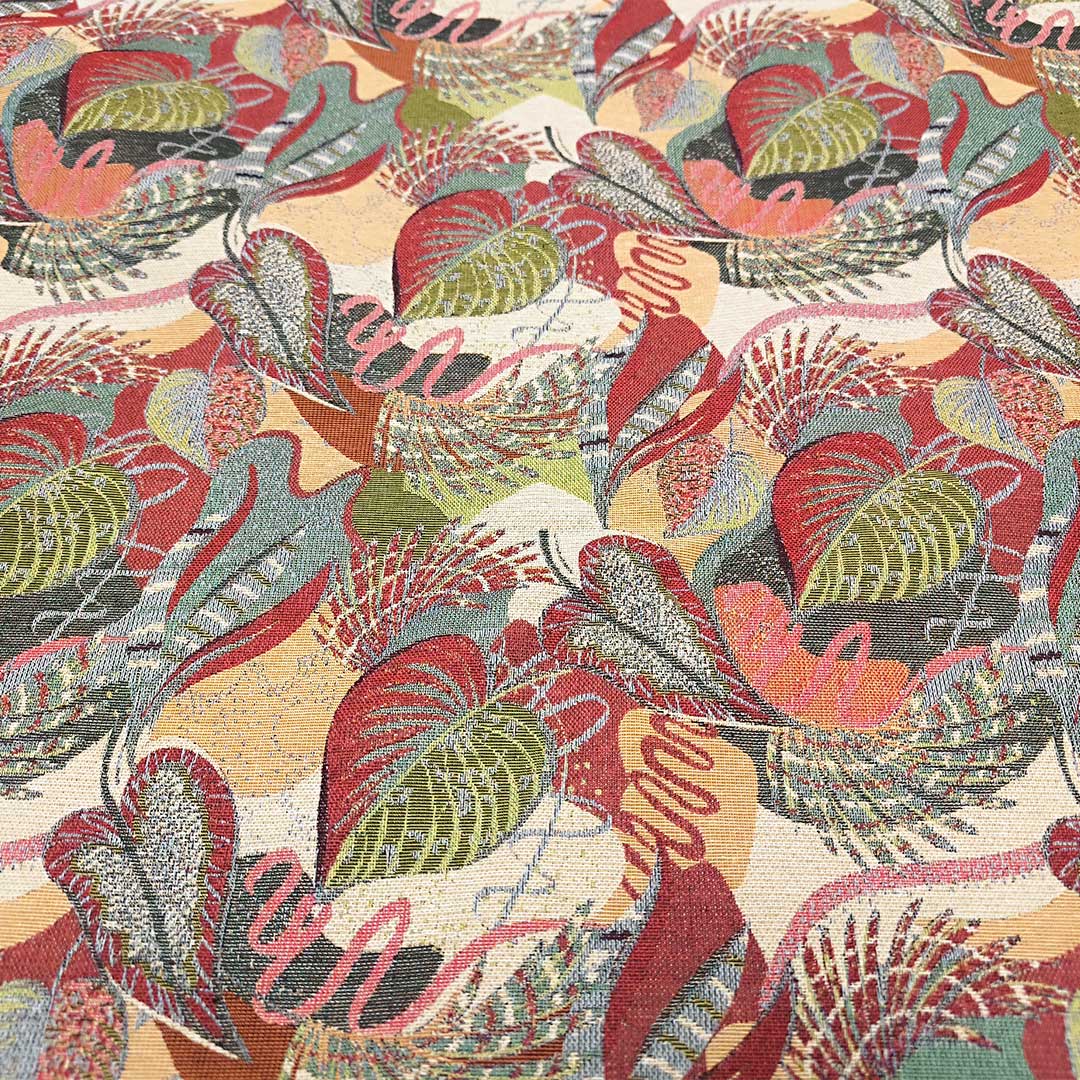 Tessuto per arredo Gobelin a fantasia motivo floreale beige - verde acido - rosso
