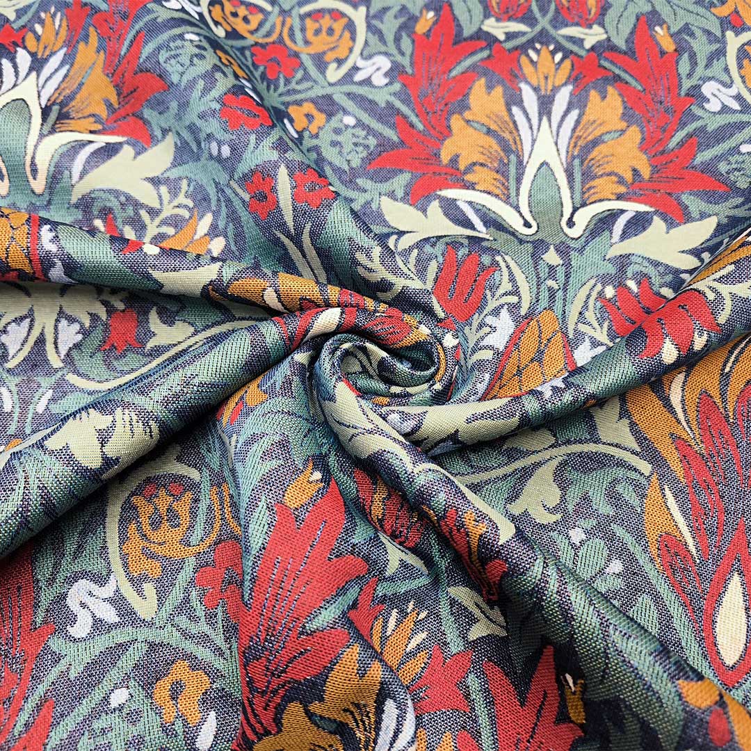 Tessuto per arredo Gobelin a fantasia motivo floreale blu petrolio - arancio - rosso