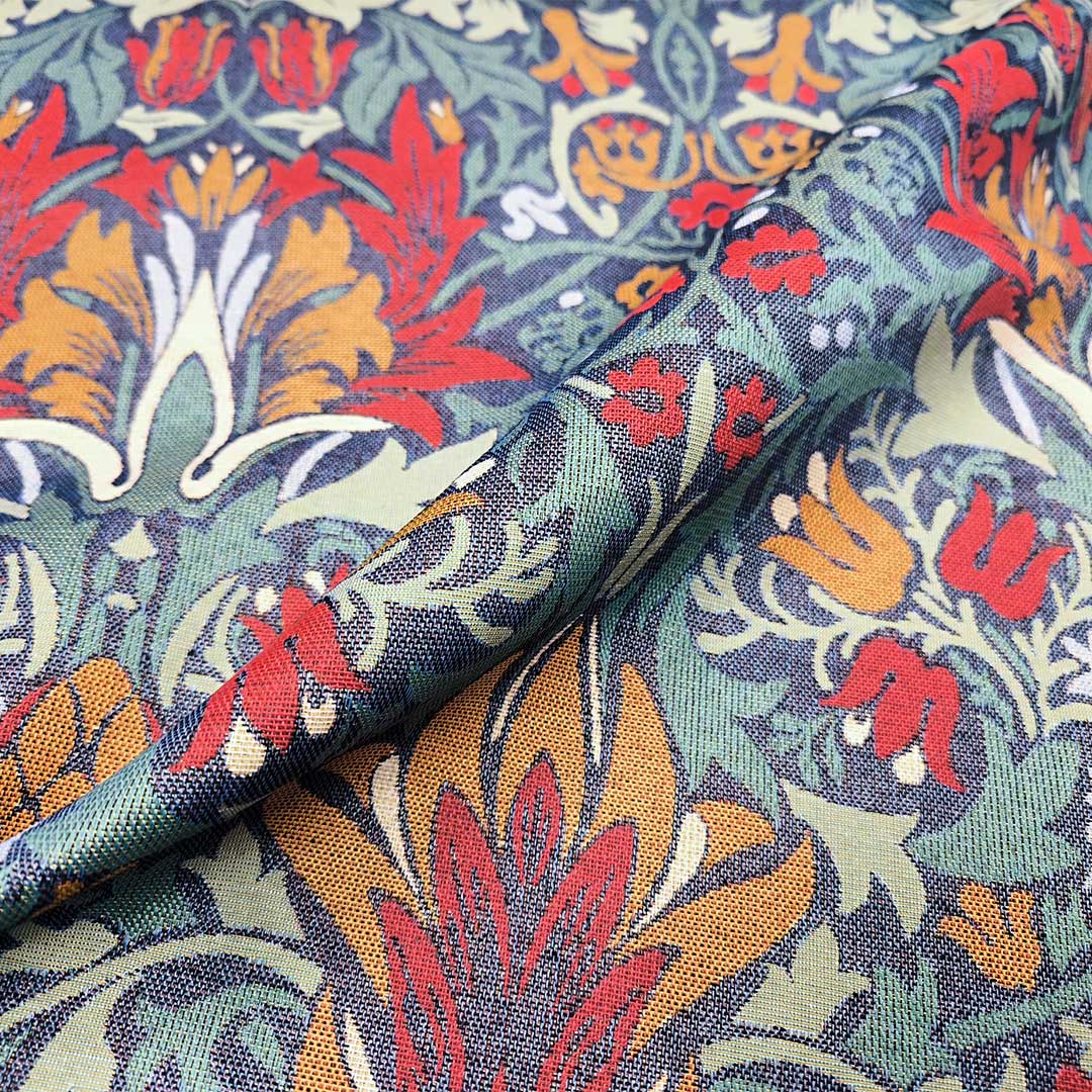 Tessuto per arredo Gobelin a fantasia motivo floreale blu petrolio - arancio - rosso