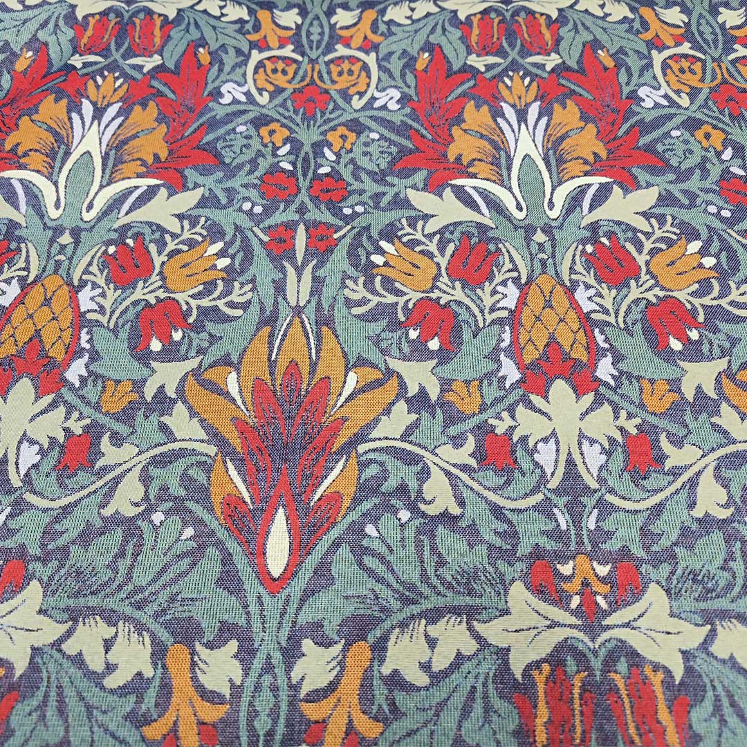 Tessuto per arredo Gobelin a fantasia motivo floreale blu petrolio - arancio - rosso