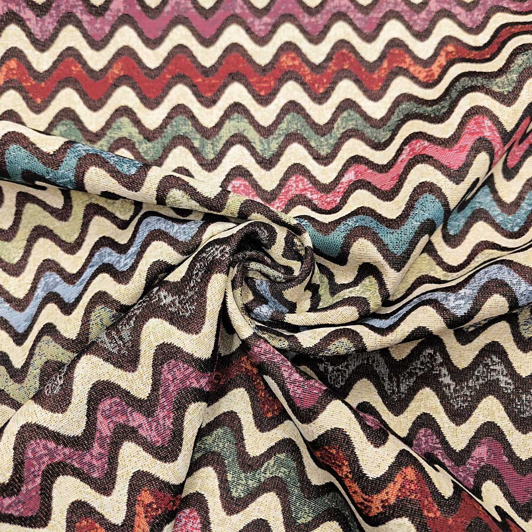 Tessuto per arredo Gobelin a fantasia motivo geometrico azzurro - magenta - beige