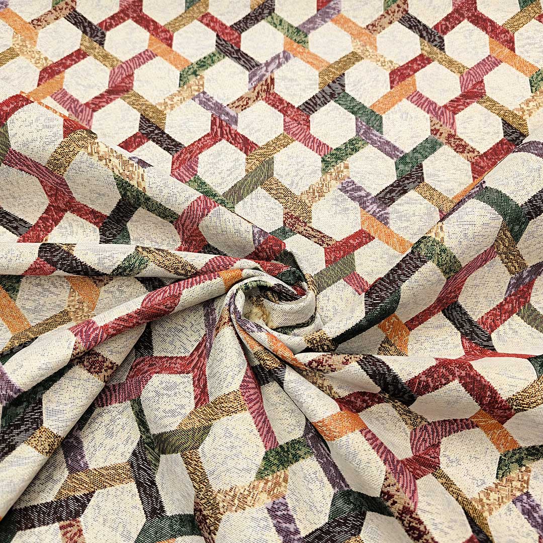 Tessuto per arredo Gobelin a fantasia motivo geometrico beige - ocra - bordeaux