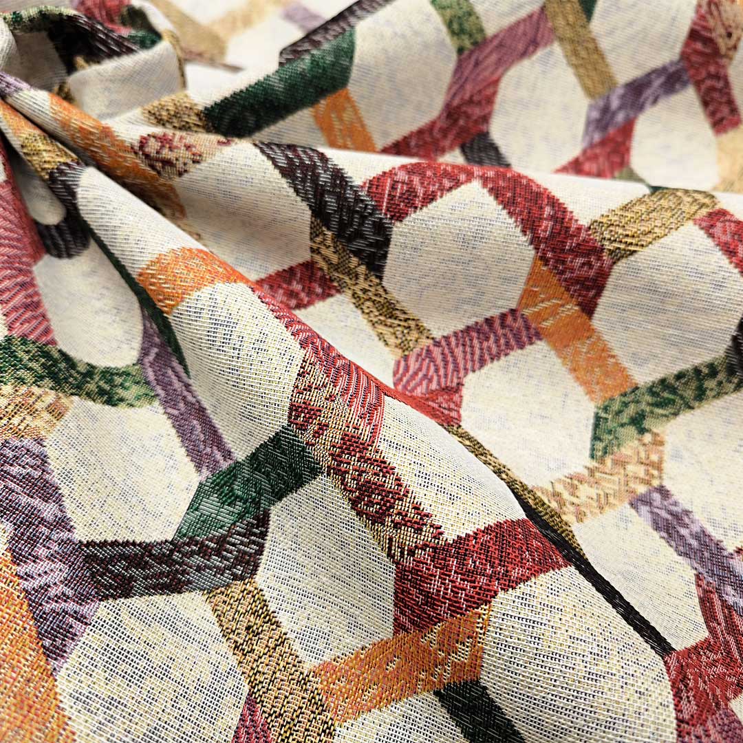 Tessuto per arredo Gobelin a fantasia motivo geometrico beige - ocra - bordeaux
