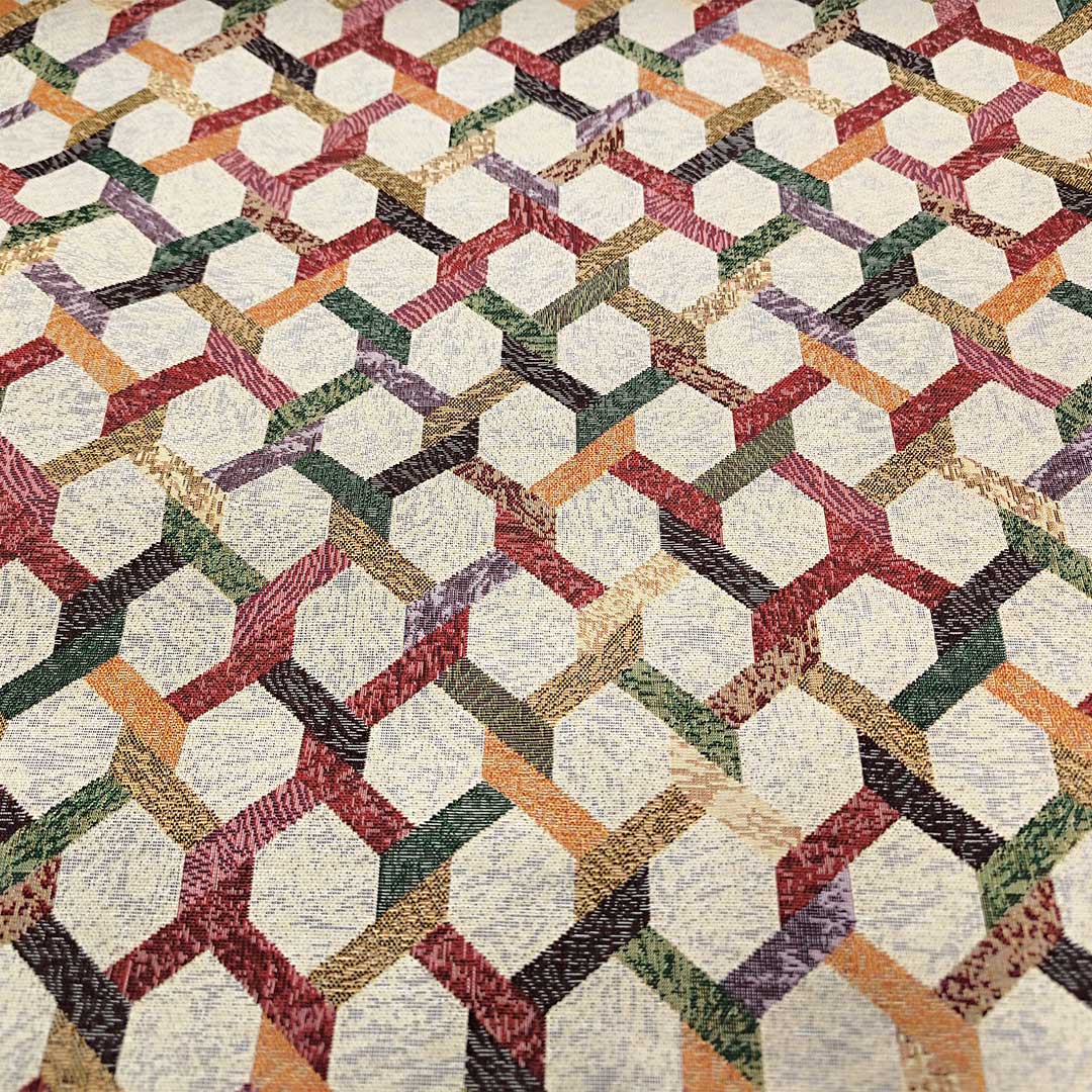 Tessuto per arredo Gobelin a fantasia motivo geometrico beige - ocra - bordeaux