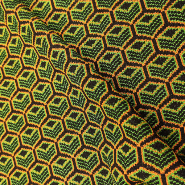 Tessuto Maglia Mano Lana a fantasia motivo geometrico verde - nero - arancione