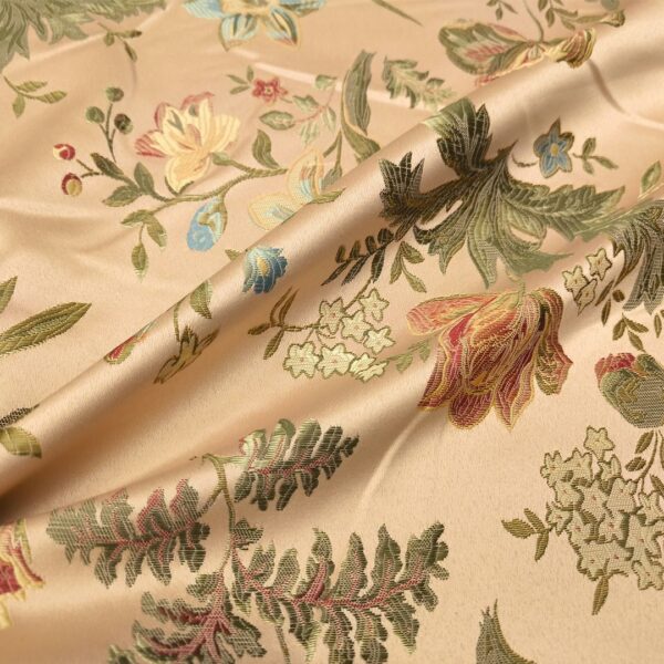 Tessuto Raso damascato per arredo motivo floreale rosa - verde - bordeaux