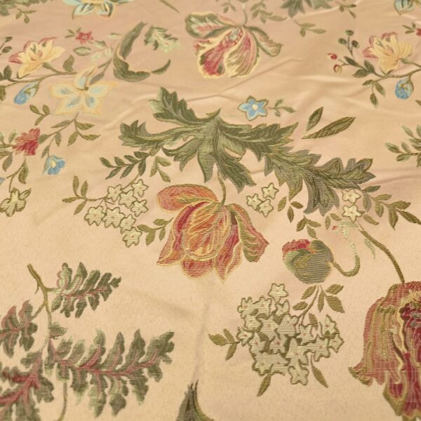 Tessuto Raso damascato per arredo motivo floreale rosa - verde - bordeaux
