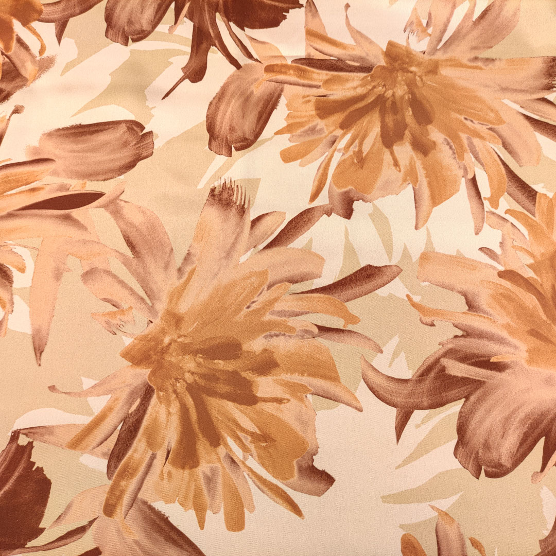 Tessuto Satin elasticizzato a fantasia motivo floreale pesco - ruggine - cipria