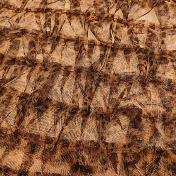 Tessuto Tulle mano seta con balze 3D in tulle motivo animalier nero - marroncino