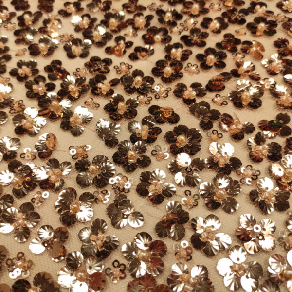 Tessuto Tulle mano seta ricamato paillettes motivo floreale bronzo