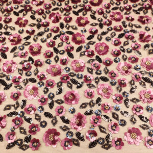 Tessuto Tulle mano seta ricamato paillettes motivo floreale rosa antico - nero